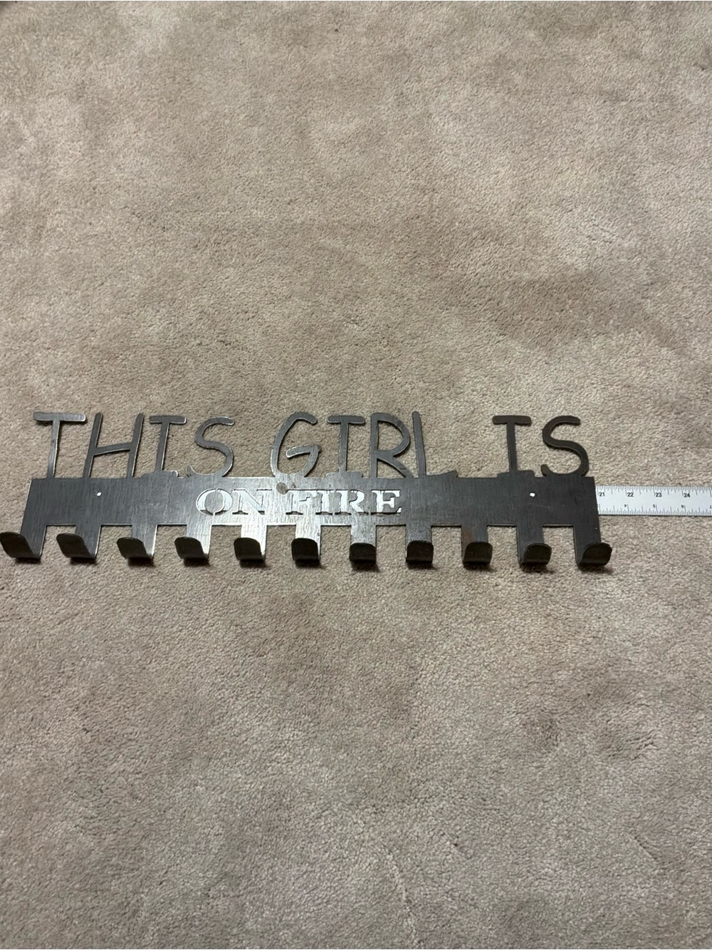 Faded  Metal Wall Hook Rack - "This Girl Is On Fire"